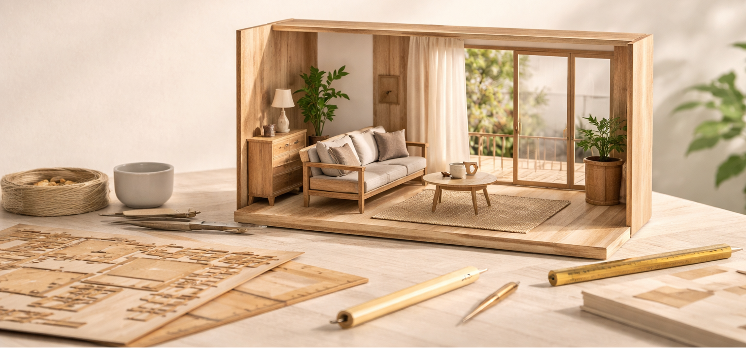 Navatu precision laser-cut miniature architectural diorama kit on a table with architectural plans.