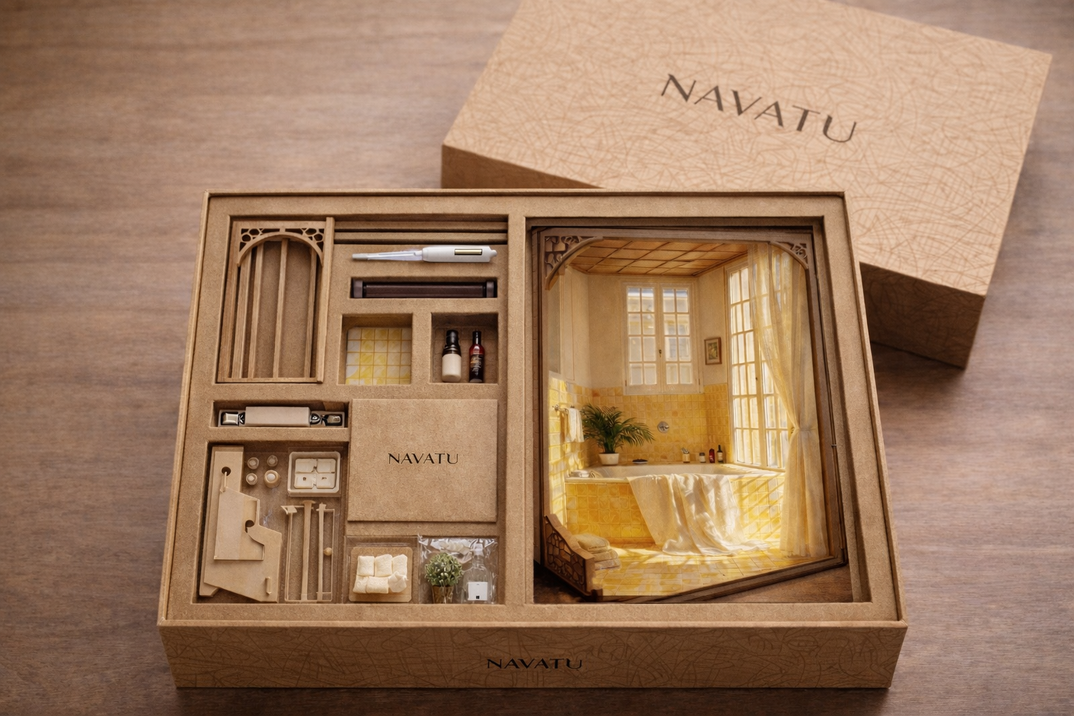 Navatu wooden desk set with miniature room inside a box on a wooden surface