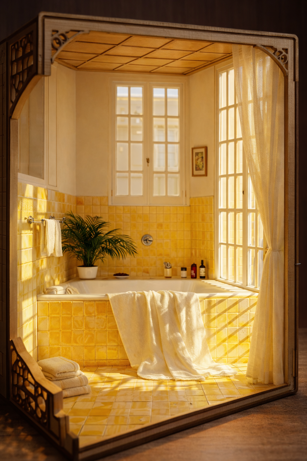 Bathroom with yellow tiles, a bathtub, and a window letting in natural light. An architectural book nook kit